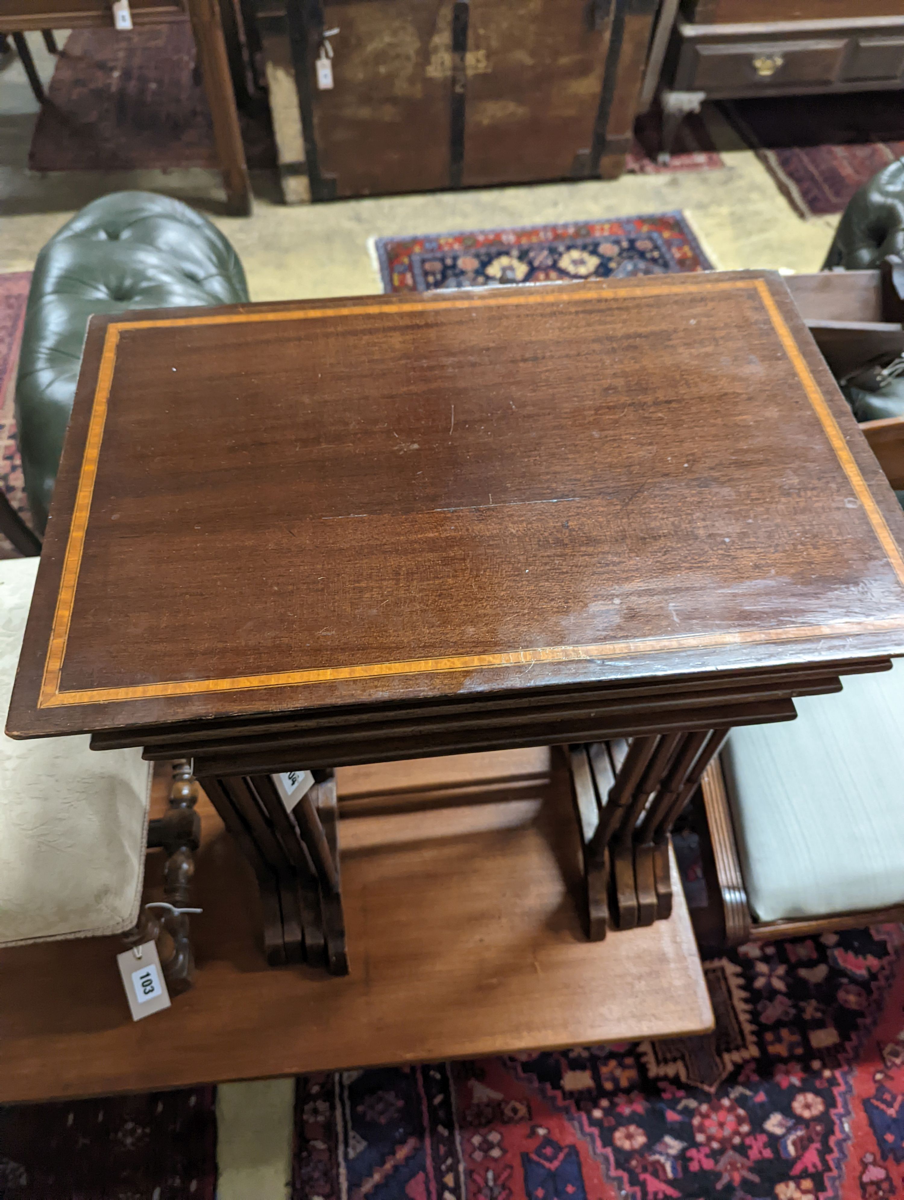 A quartetto of Edwardian satinwood banded mahogany tea tables, width 53cm, depth 35cm, height 68cm